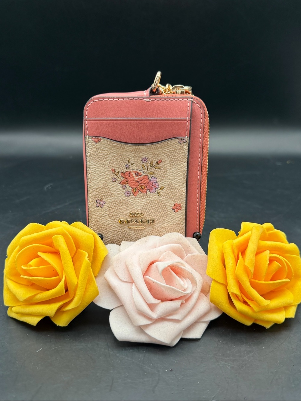 Coach Signature Pink Floral Zip Card Case Wallet